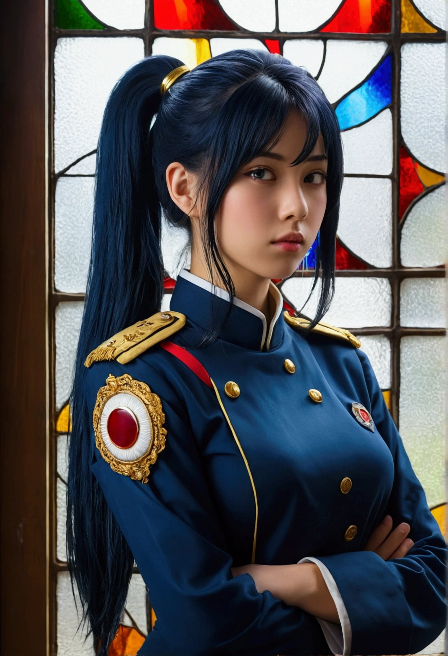 One girl, alone, Laura S.. Alseid (Long dark blue hair, Ponytail and side bangs, Small breasts), (Inspired by the cold steel trail) Exposing panties in uniform, At military school, Embarrassing (masterpiece, Highest quality, Highest quality,Official Art, beautifully、Super Gold Hairstyle、aesthetic:1.2),(One girl:1.3), One girl BREAK stained glass art, Colored Glass, Lead wire, Light transmission BREAK Vivid colors, Intricate Design, Glowing effect, Spiritual atmosphere、Background abstract Japanese style