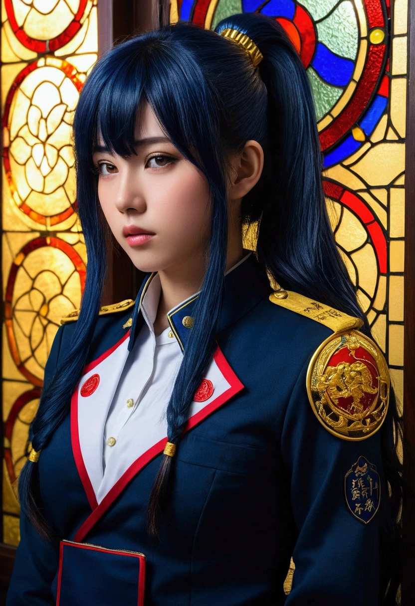 One girl, alone, Laura S.. Alseid (Long dark blue hair, Ponytail and side bangs, Small breasts), (Inspired by the cold steel trail) Exposing panties in uniform, At military school, Embarrassing　(masterpiece, Highest quality, Highest quality,Official Art, beautifully、Super Gold Hairstyle、aesthetic:1.2),(One girl:1.3), One girl BREAK stained glass art, Colored Glass, Lead wire, Light transmission BREAK Vivid colors, Intricate Design, Glowing effect, Spiritual atmosphere、Background abstract Japanese style