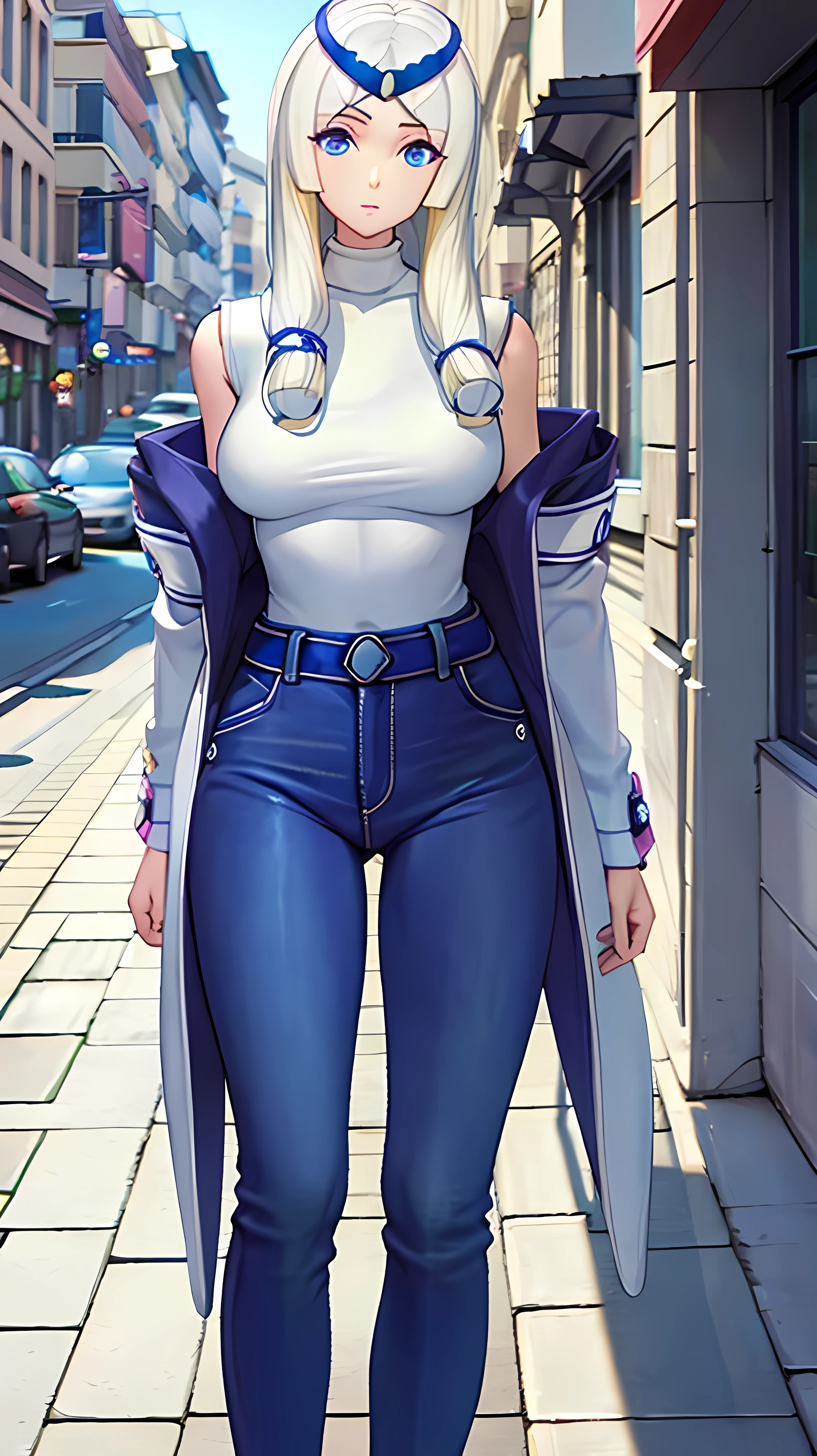 With jeans and a white turtleneck 