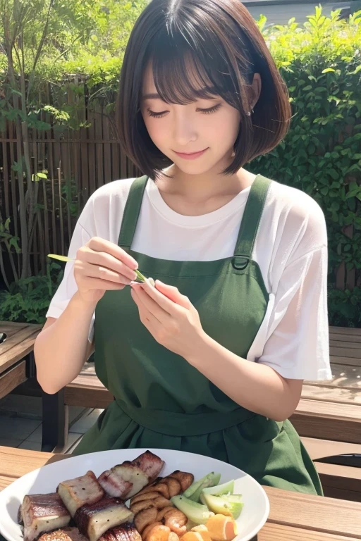 Produce the highest quality and highest resolution 8K images。Please draw the upper body of a 20 year old Japanese woman.。Please draw an image of people enjoying a barbecue in the garden.。She has brown eyes and a model-like figure、She has an idol-level cute face.。Hair is bob cut。Clothes、I&#39;m wearing a short-sleeved shirt。The skin is、It is a natural skin color。she、Looking at you with a smile。