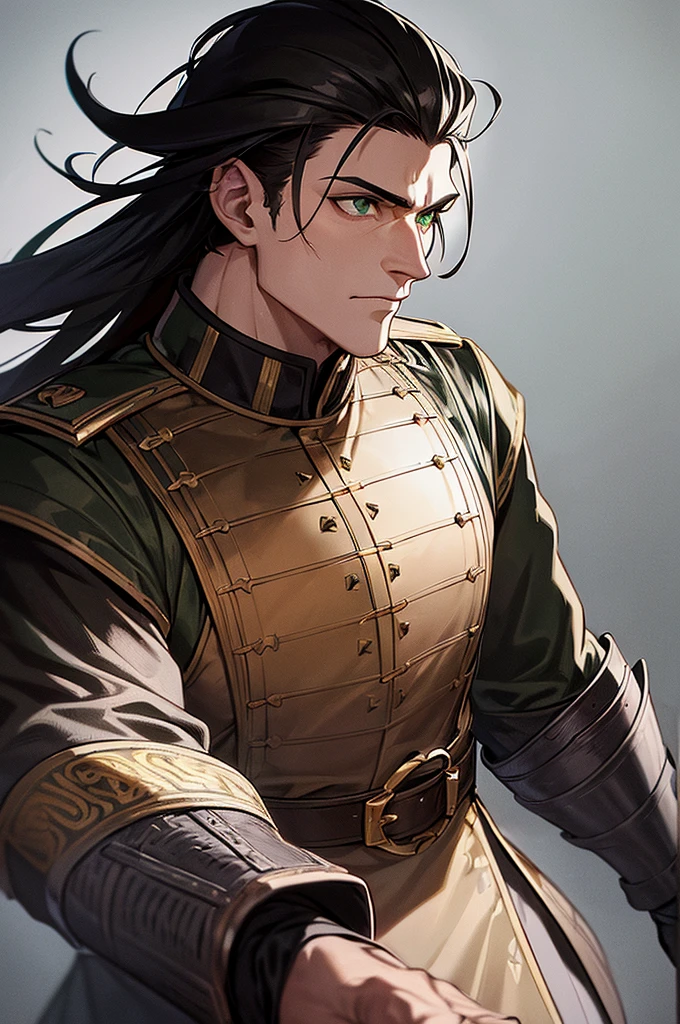 Content: A black man with short, spikey black hair and green eyes is dressed in a black military uniform with medieval aesthetics. His face is marked with scars, giving him a rugged, battle-hardened look, exuding a no-nonsense demeanor.
Medium: Digital art, character illustration.
Style: Inspired by detailed drawings of black men in military uniforms, incorporating fine line work and rich textures with a historical medieval twist.
Lighting: Dramatic lighting with strong contrasts to highlight his muscular frame, facial scars, and the details of his medieval-style uniform. Shadows add depth and intensity to his appearance.
Colours: A predominantly black palette for the uniform, with subtle highlights and shadows to emphasize the texture and material. The green of his eyes stands out against the darker tones, adding a striking focal point.
Composition: A full-body shot with a 50mm lens, capturing the man’s imposing figure and confident stance. The background is minimalist, ensuring the focus remains on his detailed design and powerful presence.