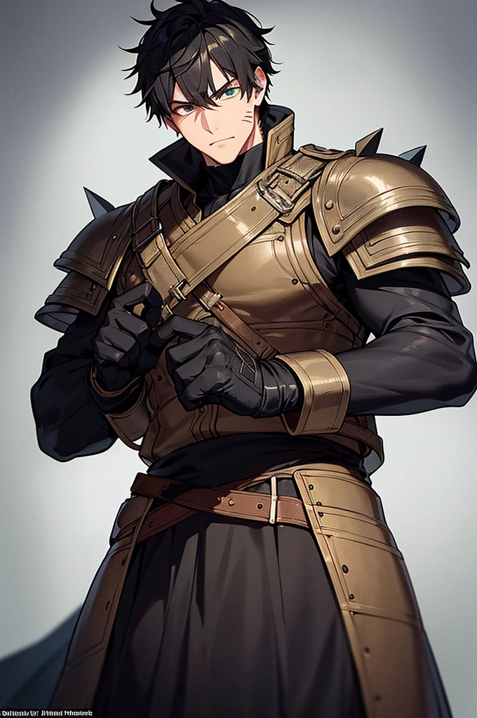 Content: A black man with short, spikey black hair and green eyes is dressed in a black military uniform with medieval aesthetics. His face is marked with scars, giving him a rugged, battle-hardened look, exuding a no-nonsense demeanor.
Medium: Digital art, character illustration.
Style: Inspired by detailed drawings of black men in military uniforms, incorporating fine line work and rich textures with a historical medieval twist.
Lighting: Dramatic lighting with strong contrasts to highlight his muscular frame, facial scars, and the details of his medieval-style uniform. Shadows add depth and intensity to his appearance.
Colours: A predominantly black palette for the uniform, with subtle highlights and shadows to emphasize the texture and material. The green of his eyes stands out against the darker tones, adding a striking focal point.
Composition: A full-body shot with a 50mm lens, capturing the man’s imposing figure and confident stance. The background is minimalist, ensuring the focus remains on his detailed design and powerful presence.
