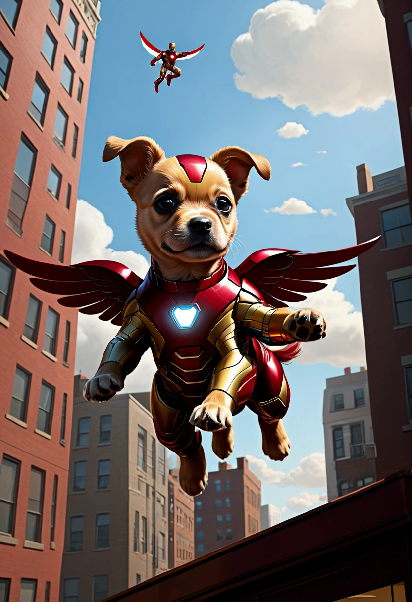 A picture of a Flying puppy in a Iron Man costume, by Sal Buscema and Mike Allred and Jack_Kirby, pulp Comics, fluffy, digital graphics, fantasy, octane rendering, perfect play of light and shadow, 32k UHD, hyper-detailing, hyper-realistic, full body, cinematic still, (best quality, masterpiece), very aesthetic, perfect composition, intricate details, ultra-detailed, vivid colors