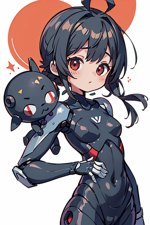 Primary school students ,Young Girl,,Height: 130cm,Character portrait,Simple design,Black hair okata,Hair is black,Red eyes,Shoulder Bare,Ahoge,Kokeshi,Deformation,Mini character,Confused eyes,Pitch Resuit,Perfect Suit,Perfect costume,Yoga Suit,Robot Joint , Robot shoulder,Plug Suit,Spacesuit,Character portrait、whole body,front図,front,Helmet,Full Face,Mask