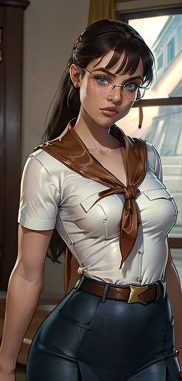 detailed eyes, full height, masterpiece, (((skinny body))), ((curvy, hands behind her back, seductive position)), seductive, (looking at viewer, 8k vector photography, young teen, beautiful eyes, realistic lighting, detailed outfit, realistic facial features, hyper detail, ((perfect angle, perfect pose, focus on face camel toe and breastegane)), ((very long dark straight hair)), a strand on right eye, flat chest, pioneer neckerchief, pioneer movement soviet pioneer, micro blue skirt, bangs, shirt, collarbone, very toght white shirt, short sleeves, collared shirt, belt, neckerchief, eyelashes, red neckerchief, pocket, breast pocket, sashagrey, glasses