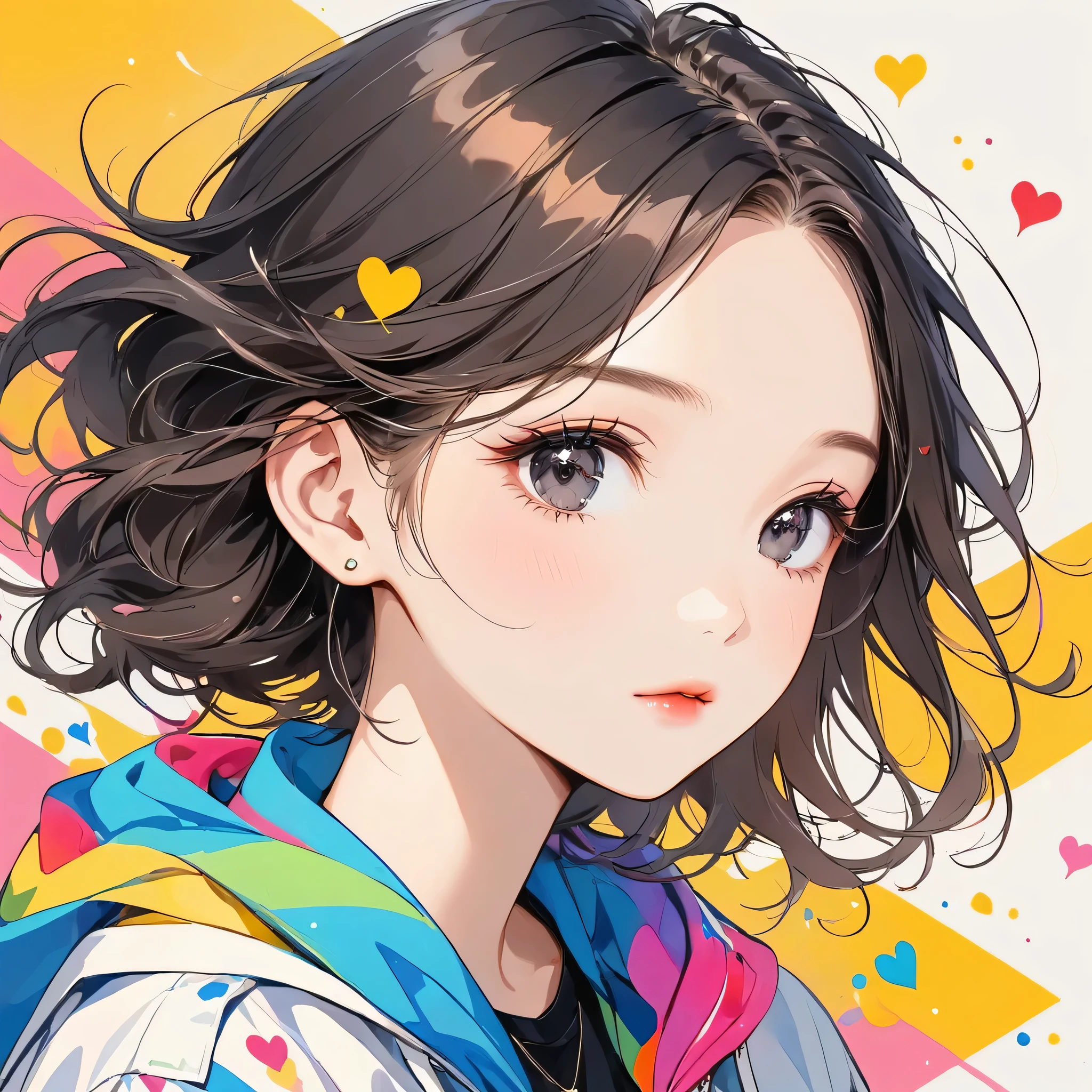 Mika Pikazo colorful style, Simple Line Initialism,Abstract art,Urban Background, (((The most beautiful girl of all time))), black eyes, Sweet face. Lips in love, colorful hearts, stylish design, black eyes
