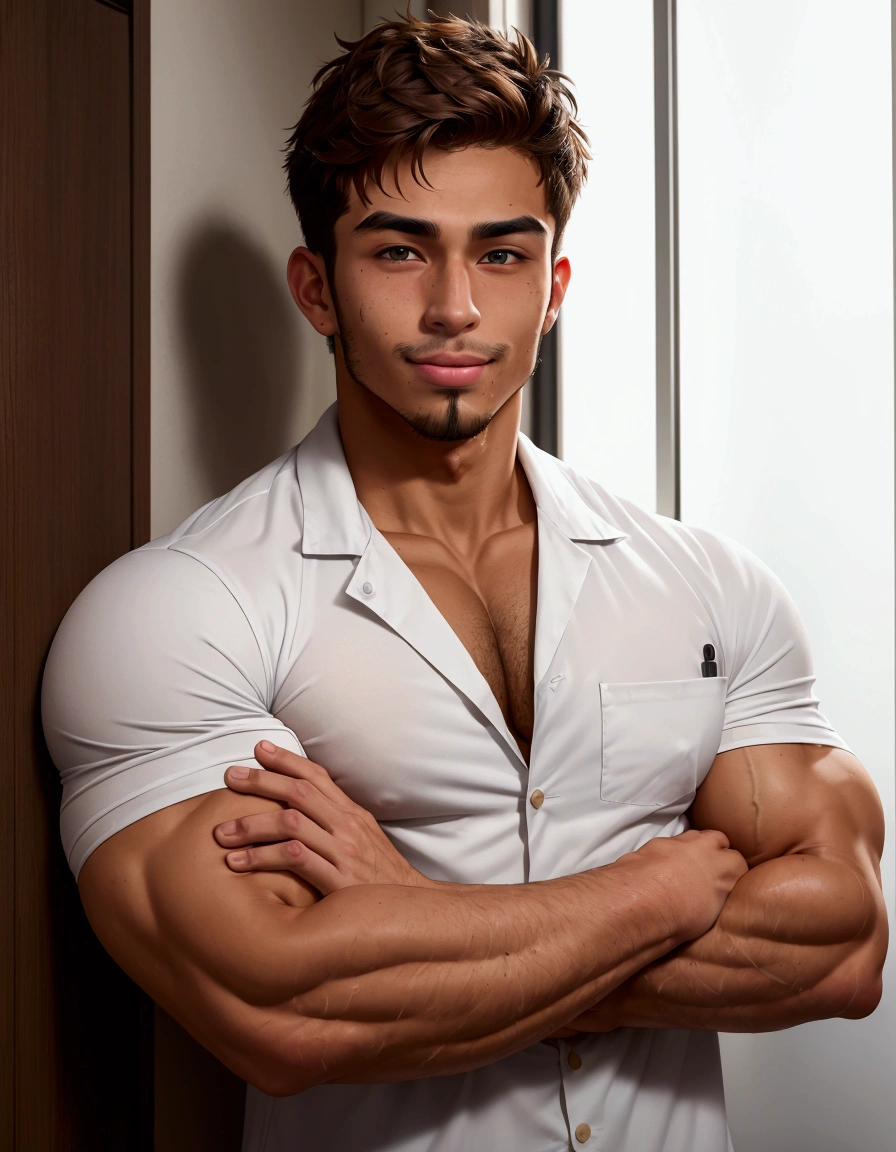 Medium shot,Medicine student,Cross your arms over your chest, cool , masculine,big muscle, 22 year old,tan skin,(messy brown hair),soft facial hair,handsome , in university ,confidence,smirk,Cheeky face, sticking out tongue
