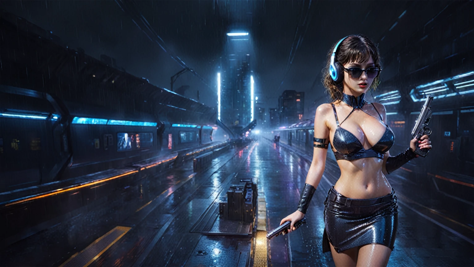 (((aerial view))), Blade Runner style futuristic railway platform, hi-tech train, neon lights, rainy night. (1girl, solo, alone), large-breast:1.2 slim body, cleavage:1.1, sexy wind blowing wet dress:1.4, headphone, (black sunglasses), (((she raised a pistol:1.8 and shot:1.8 the viewer))), dynamic pose, (((half-body thigh level medium shot))), cinematic lighting, lens flare, ray tracing, blurred:1.4 background.