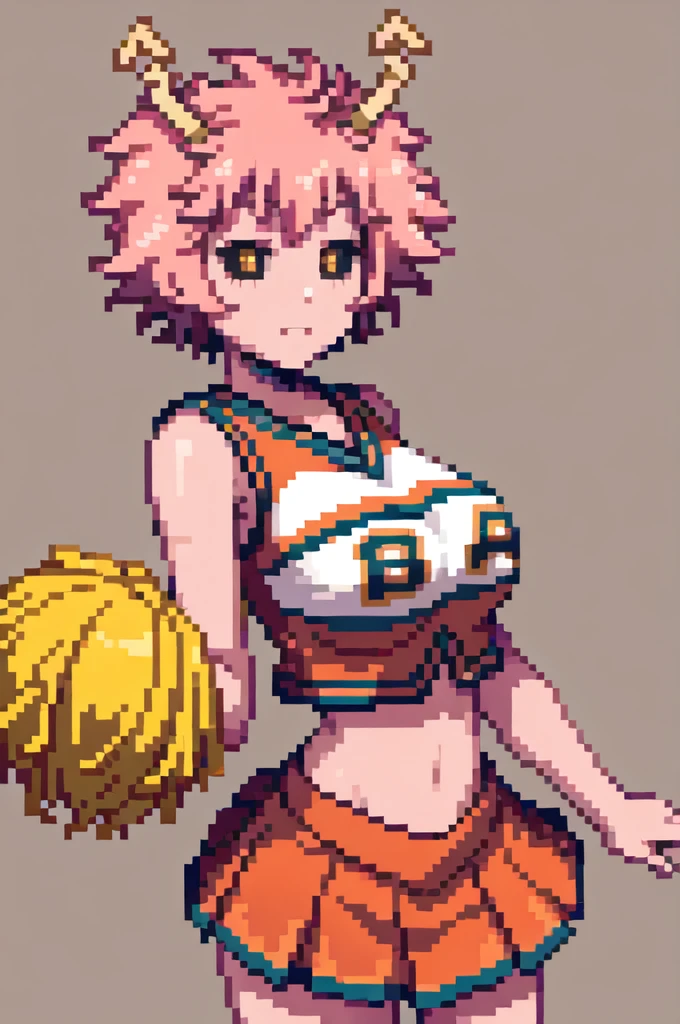 mina ashido, 1girl, solo, looking at viewer, short hair, simple background, yellow eyes, pink hair, horns, colored skin, colored sclera, black sclera, pink skin, U.A. CheerUniform, orange skirt, cheerleader, perfect shading, bare shoulders, big breasts