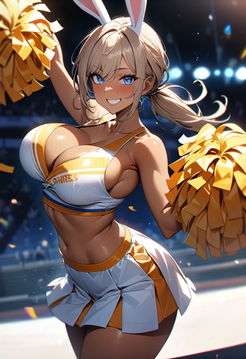 (masterpiece:1.3), (8k、highest quality:1.4), (Best image quality, Intricate details, High resolution, Depth Field, Natural light, Professional Lighting), (1 girl), (alone), (Very beautiful woman、A charming beautiful woman, , Intense blue eye, Strong eye highlights, Very large , Perfect Anatomy, Dynamic Lighting, Lip gloss), A beautiful face with perfect symmetry, Beautiful detailed woman, Very beautiful detailed face, Very beautiful detailed eye, Smile at the audience, Smiling very happily, Beautiful Teeth, Beautiful Teeth alignment, Very detailed, Very detailed, Beautiful Teeth, Beautiful Teeth alignment, Very detailed, Very detailed, ((Detailed cheerleader:1.2)), The light shines on your face, ((Dynamic pose)), Bunny woman, rabbit woman, blue eyes, tan skinned female, tanned, tan skin, long pony tail, light brown hair, Long neck, Show me your ears, Vanish'eye, eyelash, cute, Very large breastseautiful and big, very beautiful breast shape, ful cleavage, Tall SuperLong-legged supermodel, Supermodel dressed as a cheerleader, Strike a Pose, Dressed as a cheerleader, Laughter, (Cheerleader Outfits), ((head band, Sleeveless shirt with open chest, flare skirt, mini skirt)),