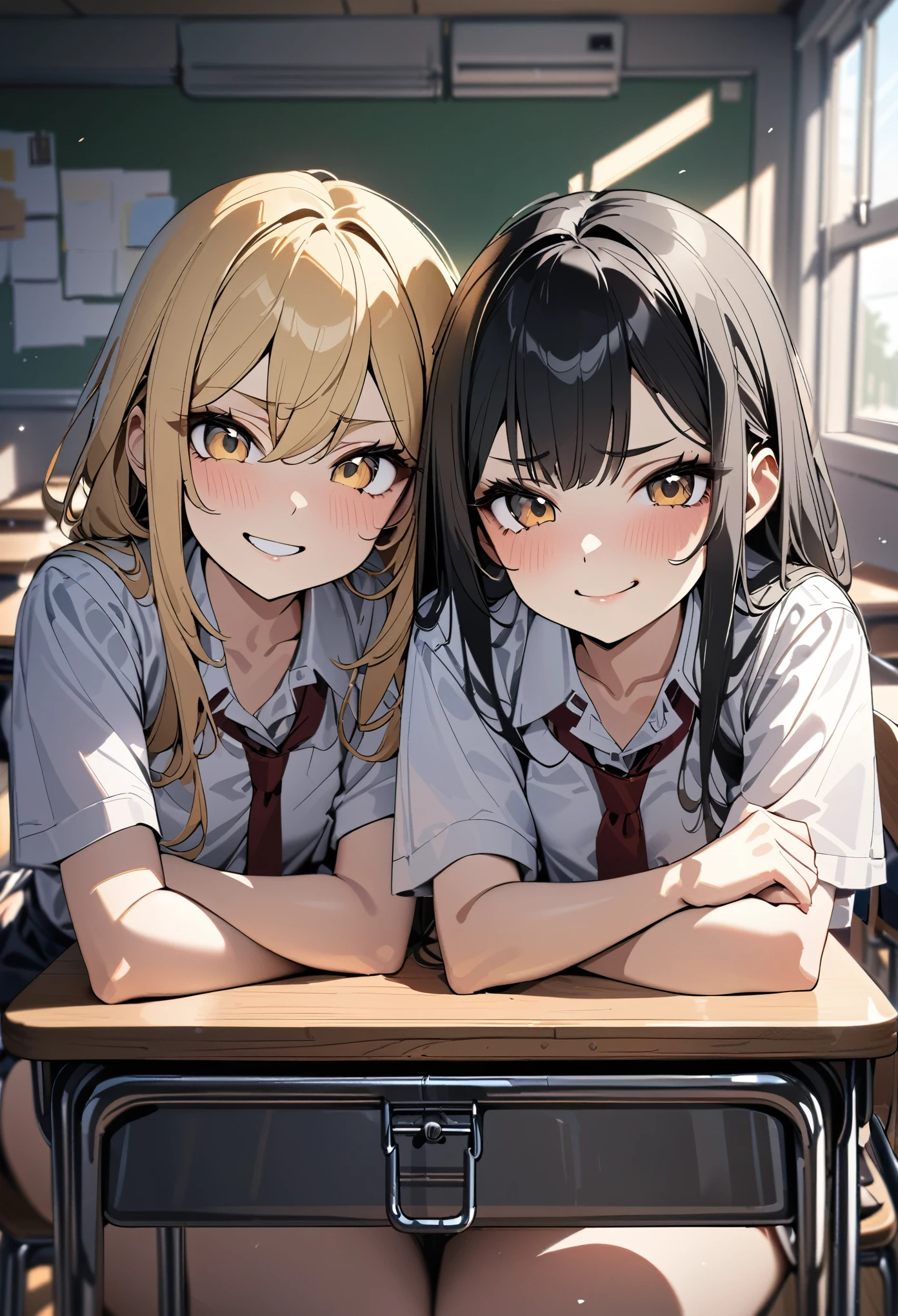 (award winning, 8k, super detailed, high resolution, best quality) , photography, (two girls), girl on the left with blonde hair and smirk expression, girl on the right with black hair and (timid expression), (sitting side by side at desk), ((beautiful girls)), set in classroom.