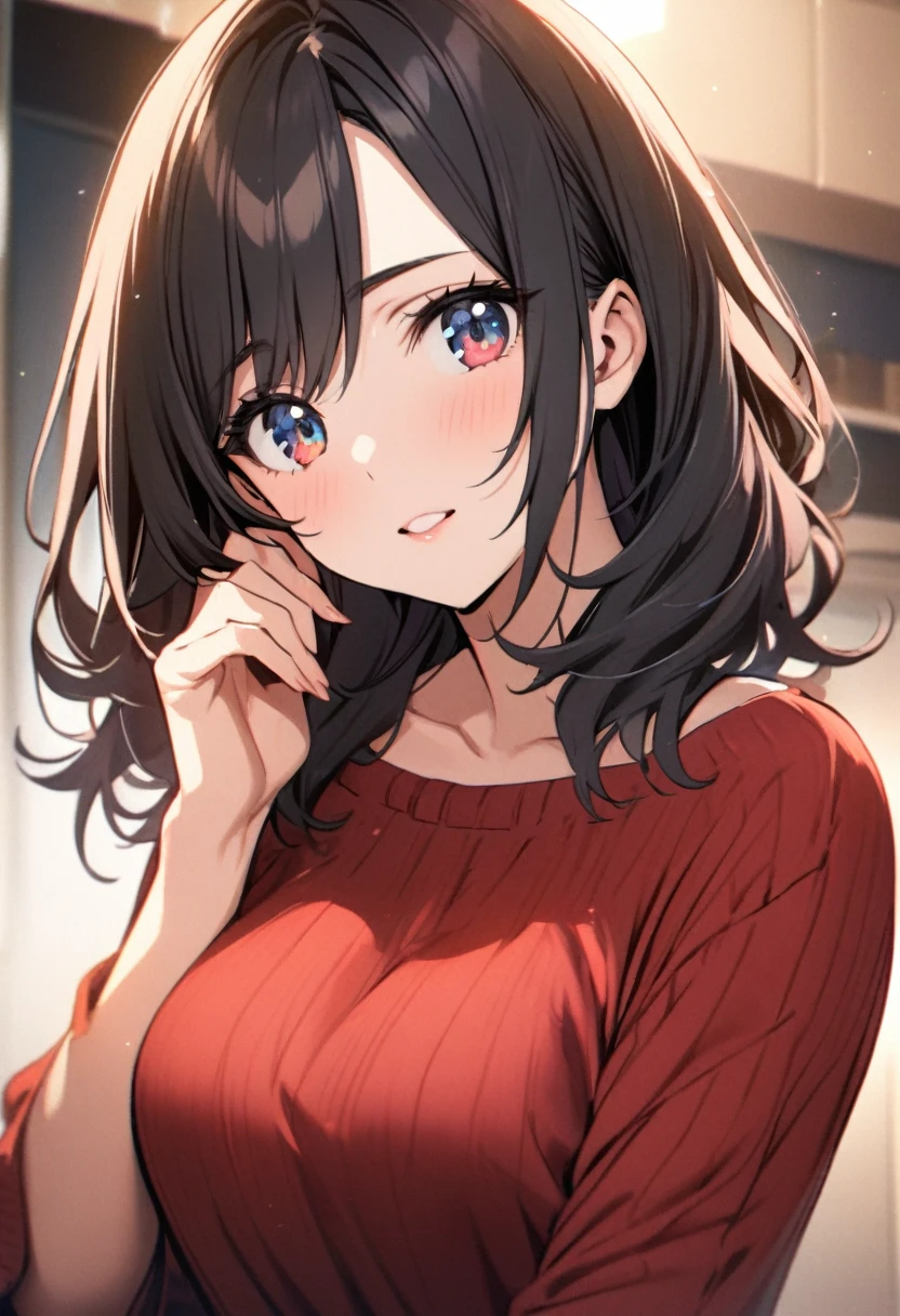 girl, black hair, medium hair, two colors eyes, one blue eye, one red eye, mature, beautiful, cute