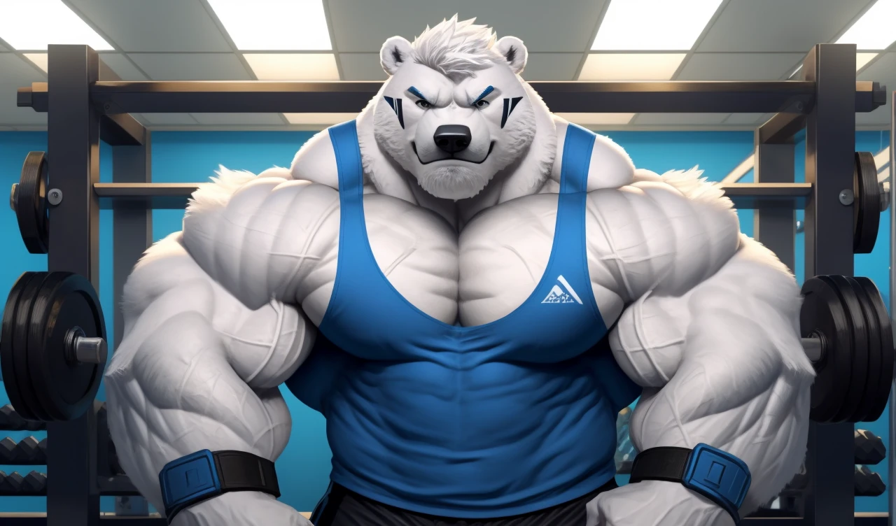 Brock Ólafsson The Huge Muscled Polar Bear, with White Hair, Blue Tank Top, Black Wristbands and Black Gym Shorts, Flexing His Thorax.