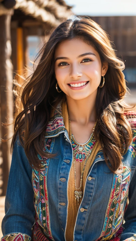a beautiful young woman, a beautiful young woman, shopping, looking at viewer, textured skin, extremely detailed, happy expression, cowboy shot, masterpiece, photorealistic, 8k, high resolution, vibrant colors, natural lighting, warm color tones, cinematic composition, detailed clothing, intricate jewelry, windblown hair, warm smile