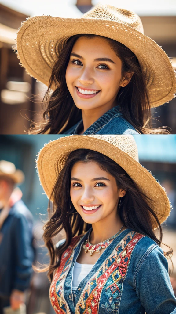 a beautiful young woman, a beautiful young woman, shopping, looking at viewer, textured skin, extremely detailed, happy expression, cowboy shot, masterpiece, photorealistic, 8k, high resolution, vibrant colors, natural lighting, warm color tones, cinematic composition, detailed clothing, intricate jewelry, windblown hair, warm smile