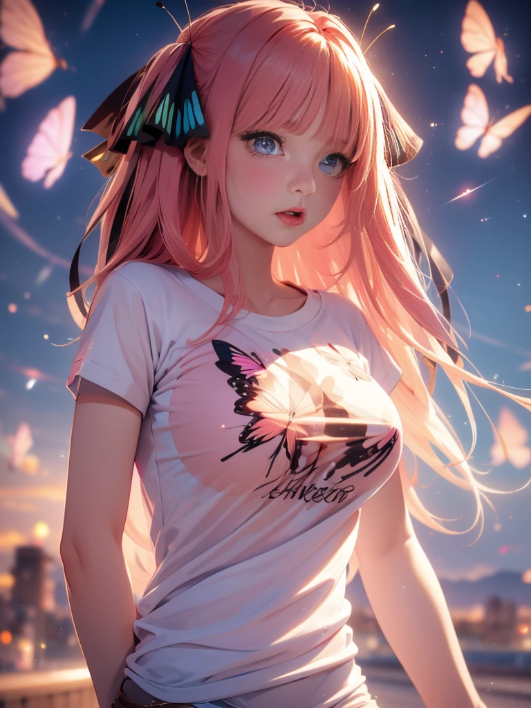 High resolution，highest quality，alone，((Hands behind back:1.5)),（Upper Body），((Nipples))、Cowboy Shot、Cute Face，Pink Hair、Butterfly Hair Ornament、((Shooting from the front:1.5)), ((Tight T-shirt:1.5)), ((Big Breasts:1.7)), camel toe, โชว์หน้าอก, โชว์กางเกงใน, ชุดรัดรูป,