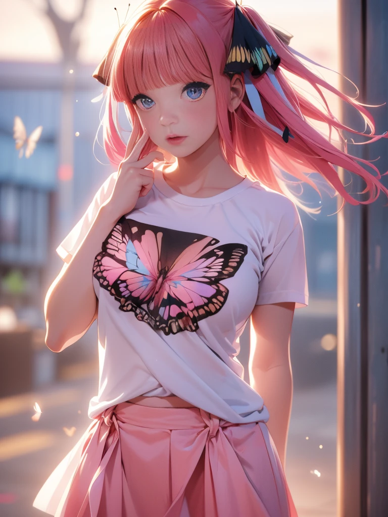 High resolution,highest quality,alone,((Hands behind back:1.5)),(Upper Body),((Nipples))、Cowboy Shot、Cute Face,Pink Hair、Butterfly Hair Ornament、((Shooting from the front:1.5)), ((Tight T-shirt:1.5)), ((Big Breasts:1.7)), camel toe, โชว์หน้าอก, โชว์กางเกงใน, ชุดรัดรูป,