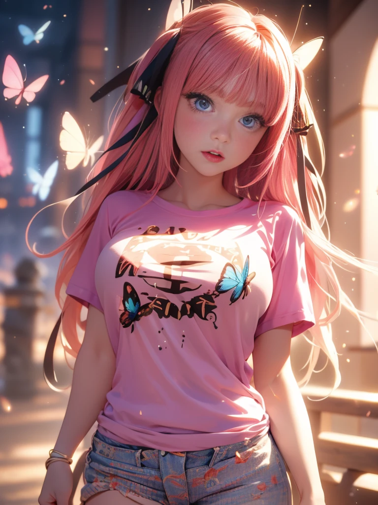 High resolution,highest quality,alone,((Hands behind back:1.5)),(Upper Body),((Nipples))、Cowboy Shot、Cute Face,Pink Hair、Butterfly Hair Ornament、((Shooting from the front:1.5)), ((Tight T-shirt:1.5)), ((Big Breasts:1.7)), camel toe, โชว์หน้าอก, โชว์กางเกงใน, ชุดรัดรูป,