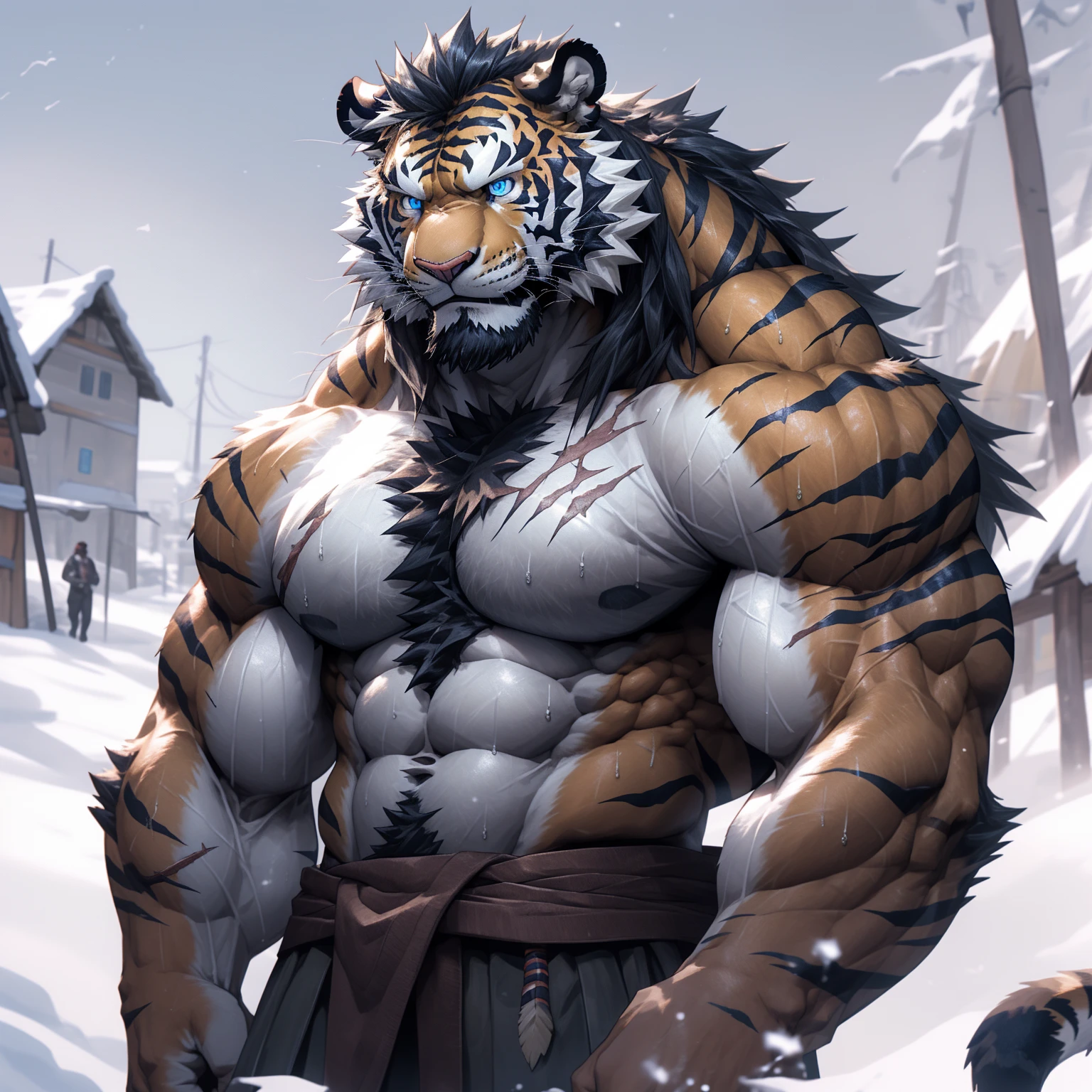 sweaty muscular torso naked snowy village hairy anthropomorphic chest hair serious face（Scars on the face） Mature （blue eyes）Huge muscle ripped abs wild，Tiger of tribal ambition