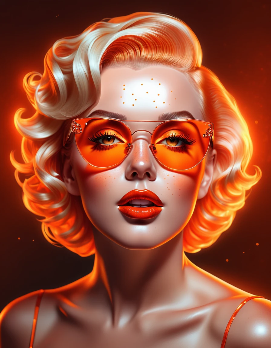 A full head image of a woman adorned with freckles and a glass shades, featuring beautiful digital artwork with red glowing skin, realistic digital art in 4K, glowing marylin monroe orange eyes, and an 8K resolution. This stunning digital illustration showcases a glossy digital painting technique, a face aglow with an orange hue, complemented by an Artgerm bokeh effect, and a radiant red and orange glow.