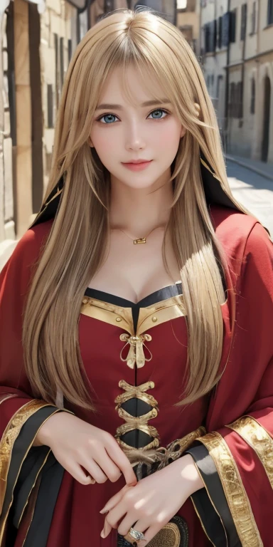 Realistic、Highest quality、Highest quality、masterpiece、Ultra-high resolution、RAW Photos、Realistic、Bright lighting、Face Light、Smooth Professional Lighting、Looking into the camera、alone、Adult female、Beautiful woman、Super Beauty、Realistic肌、Moisturized Skin、Realistic eyes and faces、Perfect model body shape、Beautiful Eyes、Big eyes、Inconspicuous tear bags、slim、Medium size big、Beautiful fingers、Long Hair、Blonde、black eye、looks happy、Cowboy Shot、(Both ears are covered by hair)、(((Red and Gold Witch Costume)))、Fantasy World、Medieval European streets