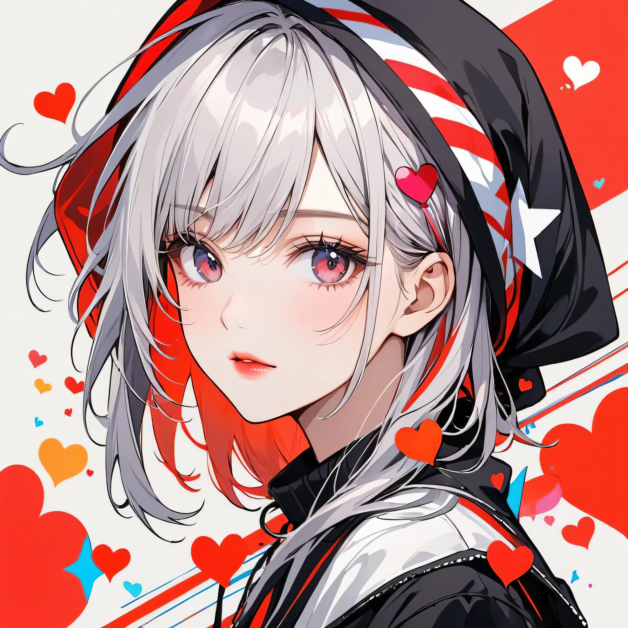 Black Star Red and White style, Simple Line Initialism，Abstract art，Urban Background, (((The most beautiful girl of all time))), Sweet face. Lips in love, colorful hearts, stylish design