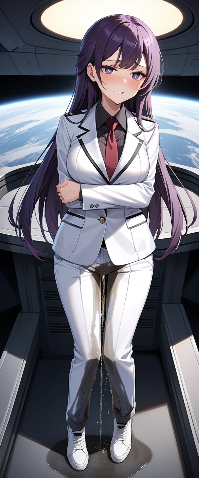 (high quality,Very detailed:1.37, High resolution), Woman, (mature:2.0), (Sakaki Yumiko:1.5), (very long hair:1.5), (dark purple hair:2.5), purple eyes, large breasts, tuxedo, necktie, (pants:1.5), (wetting herself:1.5), standing, (arms crossed:1.5), (embarrassed:1.5), (humiliation:1.5), (constricted pupils:1.5), (sweating:1.5), shaking, (trembling:1.5), (blushing:1.5), Meticulous details, (extremely detailed eys:1.37), space station, interior, science fiction, futuristic, full body