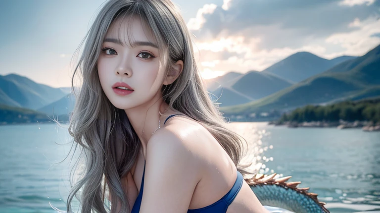 8K, Ultra-realistic photo stunning anthropomorphic female dragon beautiful and gorgeous, wearing a swimsuit, Located on the lake, gray hair, wavy hair, Ultra-radiant skin, Wet_skin, The stunning composition evokes a sense of admiration., Super realistic and super detailed, excessive emotions, epic movie lighting, 32K Ultra HD resolution, Photographed with Hasselblad H6D 400c Multishot, midacom speedmaster 35mm f 1. 2 XCD - Style expressiveness - ar 1:2 - Up Anime - Rainbow 5 - Q 3