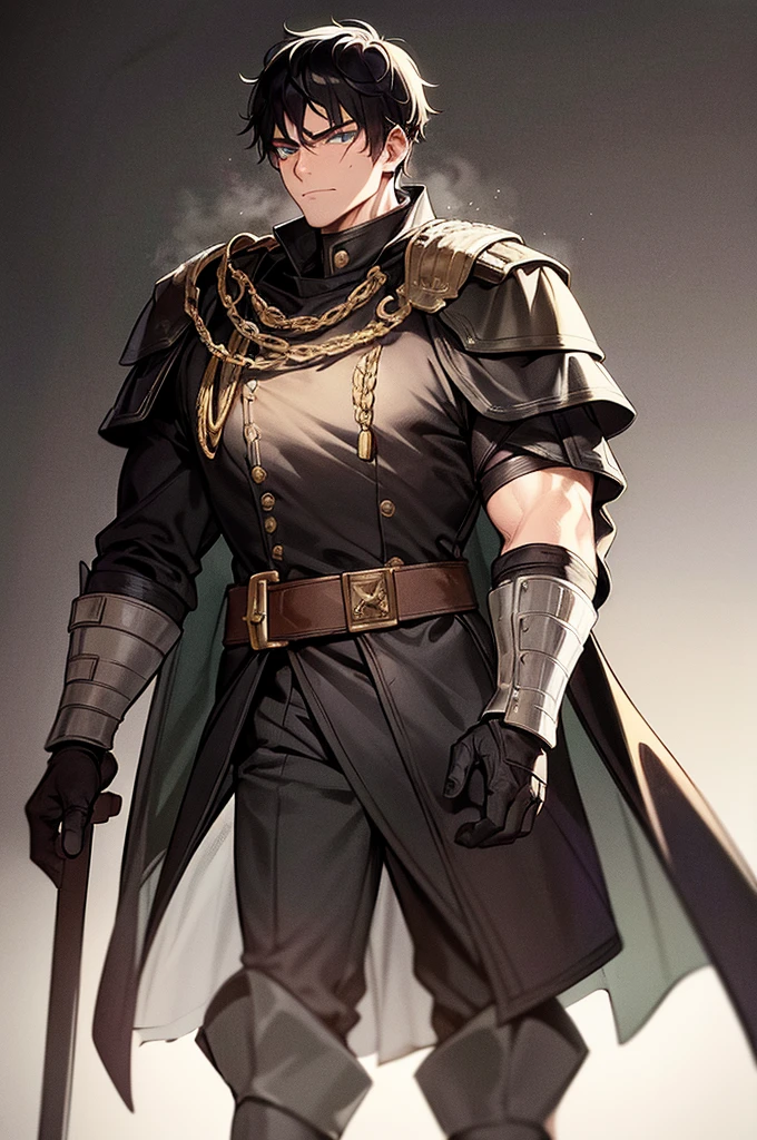 Content: A black man with short, spikey black hair and green eyes is dressed in a black military uniform with medieval aesthetics. His face is marked with scars, giving him a rugged, battle-hardened look, exuding a no-nonsense demeanor.
Medium: Digital art, character illustration.
Style: Inspired by detailed drawings of black men in military uniforms, incorporating fine line work and rich textures with a historical medieval twist.
Lighting: Dramatic lighting with strong contrasts to highlight his muscular frame, facial scars, and the details of his medieval-style uniform. Shadows add depth and intensity to his appearance.
Colours: A predominantly black palette for the uniform, with subtle highlights and shadows to emphasize the texture and material. The green of his eyes stands out against the darker tones, adding a striking focal point.
Composition: A full-body shot with a 50mm lens, capturing the man’s imposing figure and confident stance. The background is minimalist, ensuring the focus remains on his detailed design and powerful presence.