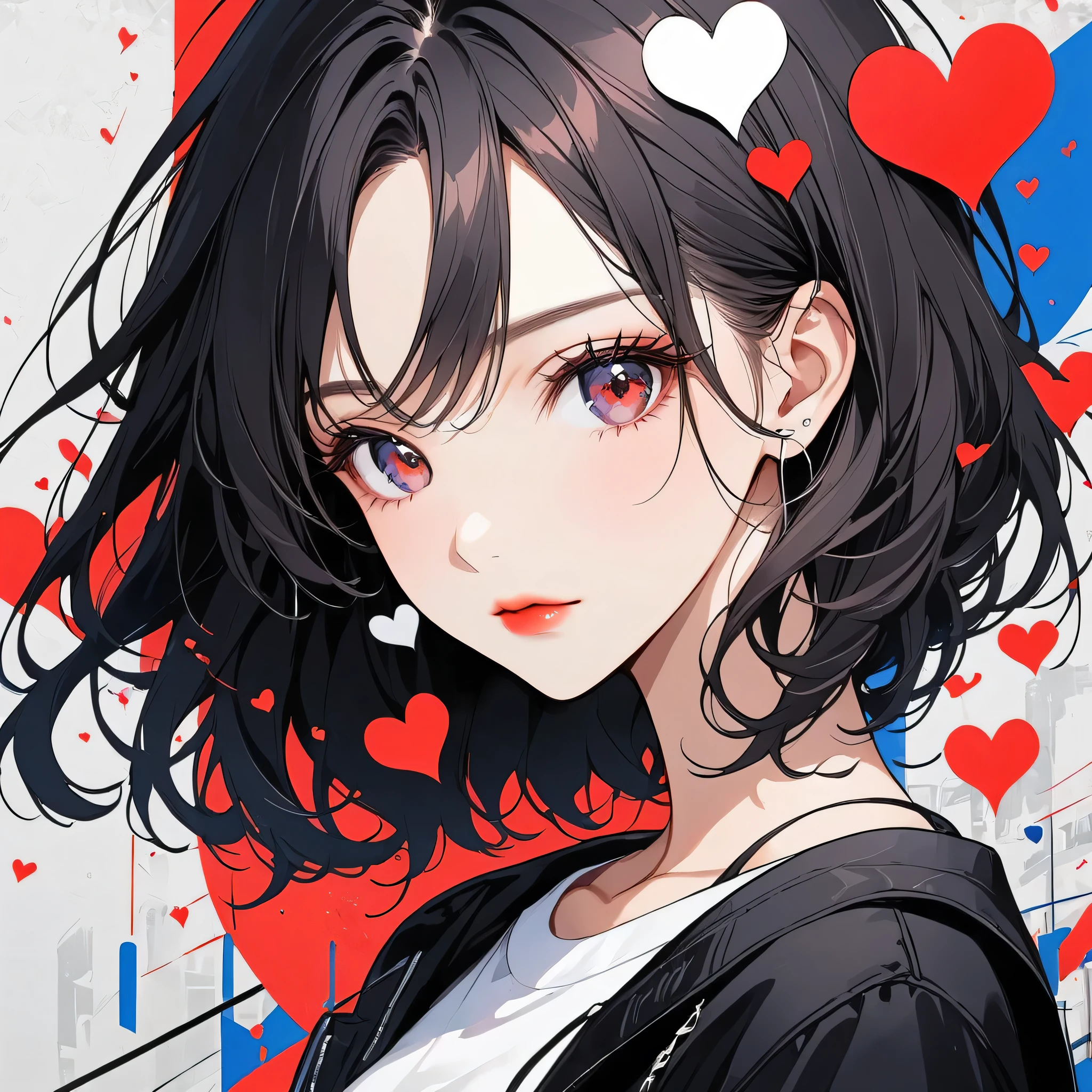 Black Star Red and White style, Simple Line Initialism,Abstract art,Urban Background, (((The most beautiful girl of all time))), Sweet face. Lips in love, colorful hearts, stylish design