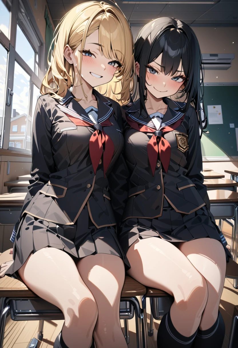 (award winning, 8k, super detailed, high resolution, best quality) , photography, (two girls), girl on the left with blonde hair and smirk expression, girl on the right with black hair and (timid expression), (sitting side by side at desk), ((beautiful girls)), set in classroom.(shirtlift:1.9),