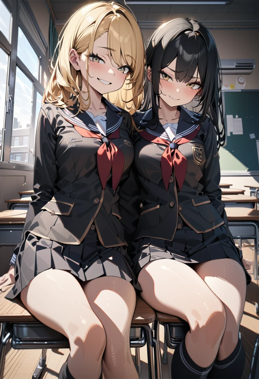 (award winning, 8k, super detailed, high resolution, best quality) , photography, (two girls), girl on the left with blonde hair and smirk expression, girl on the right with black hair and (timid expression), (sitting side by side at desk), ((beautiful girls)), set in classroom.(shirtlift:1.9),