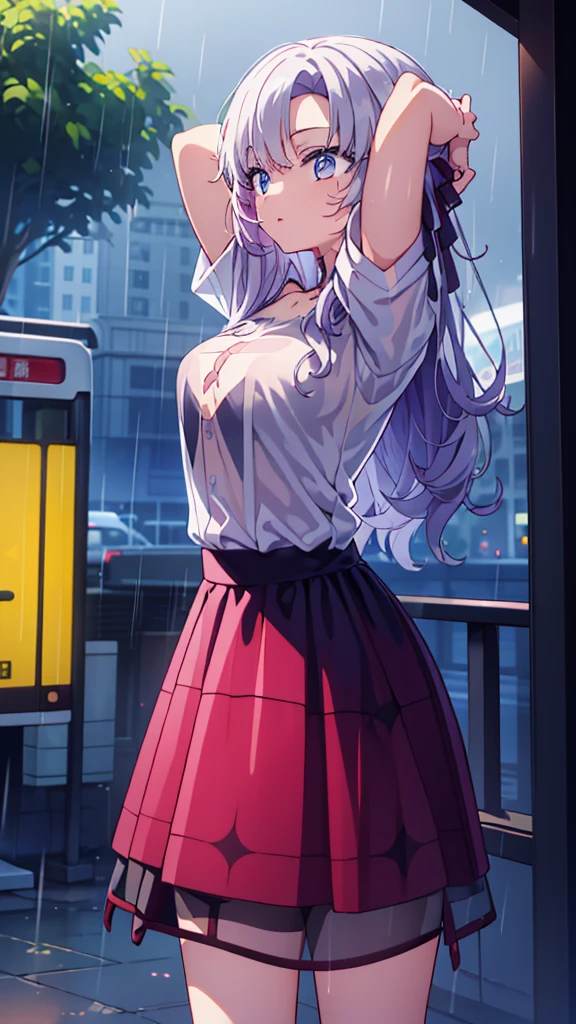The clothes are wet, (Y-shirt is transparent: 1.4), skirt, (Unbroken body), (Perfect body structure), (arms two), (legs two), highest quality, 4K, (High resolution: 1.3) masterpiece , 1.2, Super detailed, HDR, Studio Lighting, Sharp Focus, Bright colors, Portrait, Warm tones, Soft Lighting,A bus stop in the evening rain、(Put your hands on your head)、