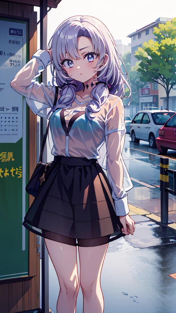 The clothes are wet, (Y-shirt is transparent: 1.4), skirt, (Unbroken body), (Perfect body structure), (arms two), (legs two), highest quality, 4K, (High resolution: 1.3) masterpiece , 1.2, Super detailed, HDR, Studio Lighting, Sharp Focus, Bright colors, Portrait, Warm tones, Soft Lighting,A bus stop in the evening rain、(Put your hands on your head)、