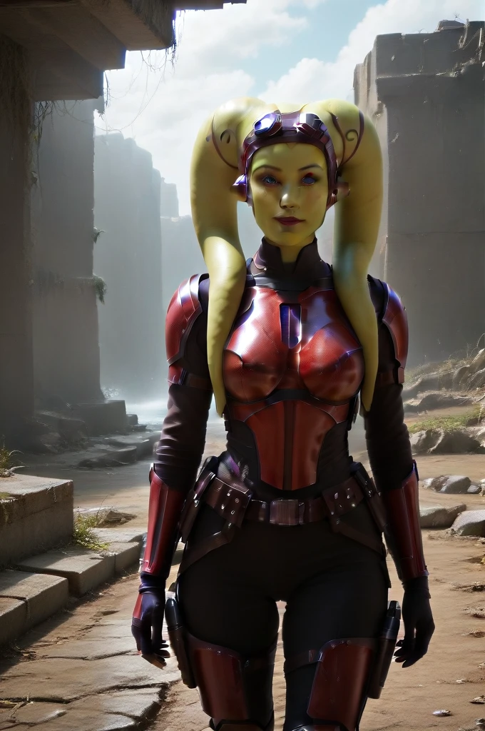 a ((fall body)) (((hera syndulla))) ((green skin )) ((female twi'lek ))mandalorian,walking on snow coverd ruins , ((green fire eyes )) , beautiful detailed eyes, beautiful detailed lips, extremely detailed face, long eyelashes, mandalorian armor, sci-fi, cinematic lighting, dramatic, epic, intricate details, hyper-realistic, 8k, high-quality, photorealistic