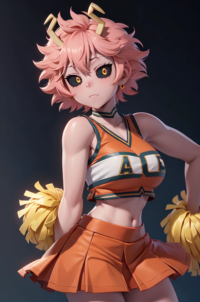 mina ashido, 1girl, solo, looking at viewer, short hair, simple background, yellow eyes, pink hair, horns, colored skin, colored sclera, black sclera, pink skin, U.A. CheerUniform, orange skirt, cheerleader, perfect shading, bare shoulders, big breasts