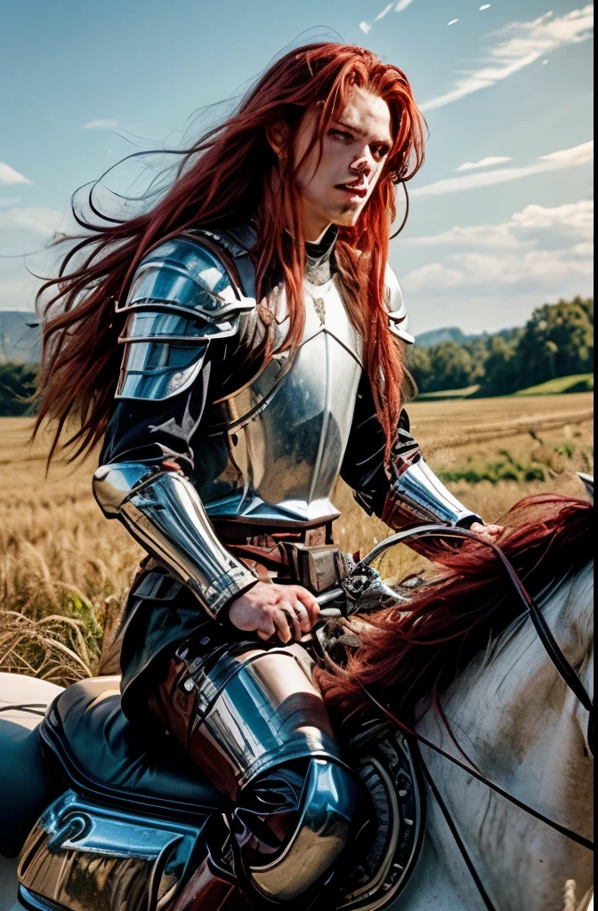 man long red hair, wearing shiny metal medieval armor, riding on a white horse, holding a red rose. from beside, man long hair with black bangs, wearing cowboy clothes, riding shiny metal motorcycle. on a dirt road in a wheat field.