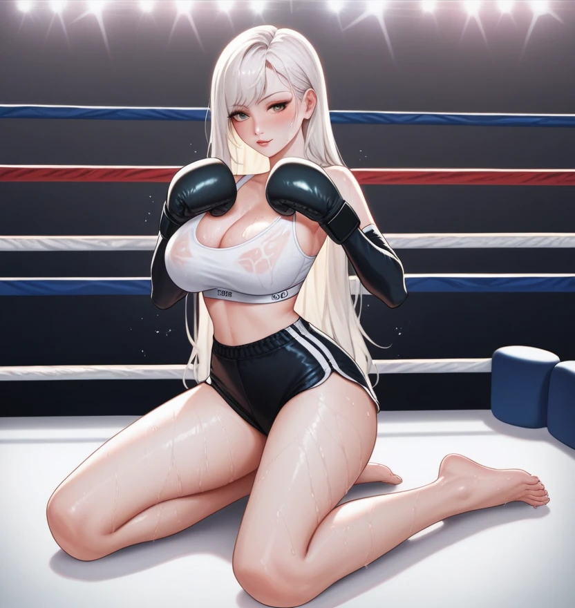 korean beautifull girl,18 years old,Pretty Face,Good shape,detailed picture, Seductive expression, blush,White long hair, Wear white sports bras,Soaked,Wear black foot socks,barefoot, Wearing black boxing gloves,Black sleeves on arms, Kneeling on the boxing ring and doing sexy moves,Large Breasts,Cleavage,Long legs,Thin waist,nipple,