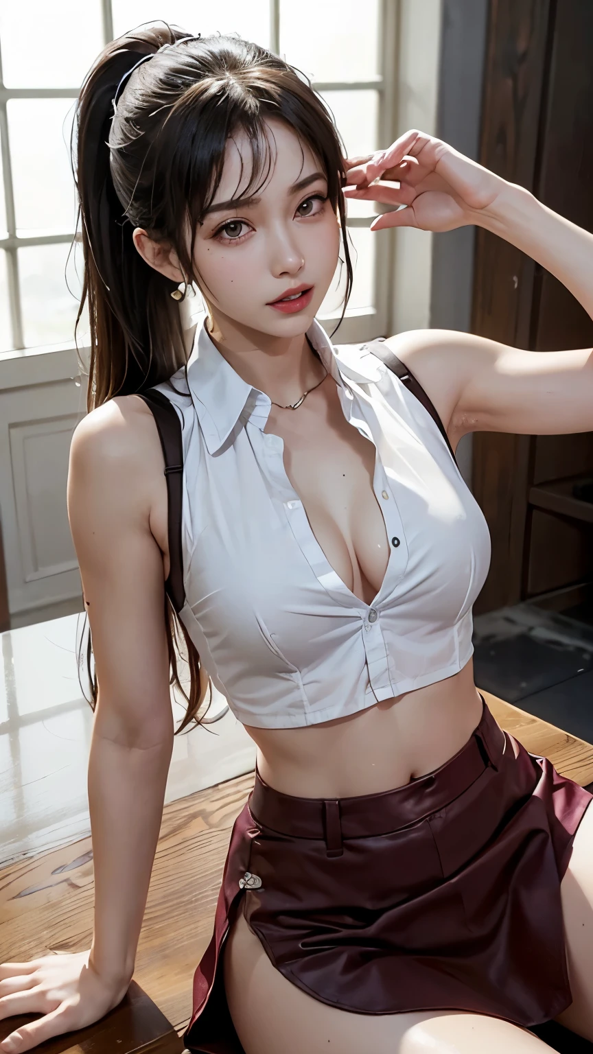 Wet body Tifa wearing white sleeveless and very thin collared unbuttoned shirt, showing her belly, clearly visible nipples without bra, wear very short maroon skirt, eyeglasses, blonde ponytail, moaning face, showing her armpit. Sit down on table.