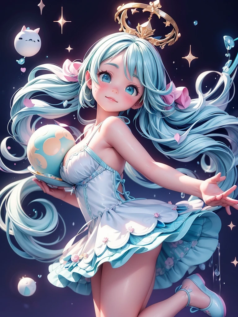 (masterpiece、Highest quality、Official Art、beautiful:1.2、8k resolution)、(One Girl:1.3)、hatsune miku、Twin tails,Big Breasts、F cup breasts,Chubby Beautiful Girl, White ball gown, Vibrant pastel colors, (colorful), long flowing liquid pink hair, Magic lights, sparkling magic liquid, inspired Glen Keane, inspired By Lois Van Baarle, Disney Art Style, By Lois Van Baarle, An aura that glows around her, Glen Keane, Shining halo、Digital Painting, Flowing shiny hair, Shiny, Flowing Hair, beautifulデジタルイラスト, Fantasy Background, Whimsical Fantasy Background, Detailed patterned lingerie, Highly detailed lingerie, Emphasize cleavage、Sharp focus, Sparkling eyes, Liquid watercolor background、Chubby body type、Thick thighs、Large Breasts、Big Ass、Big Ass、