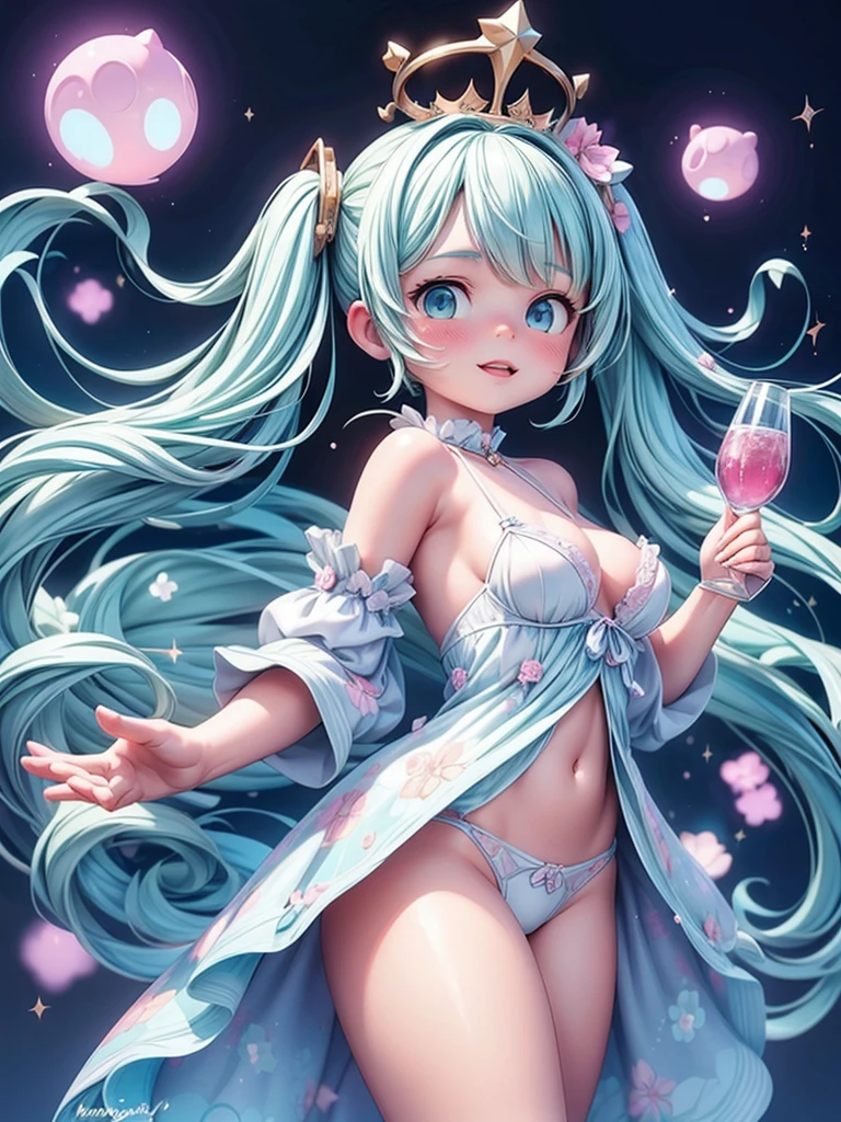 (masterpiece、Highest quality、Official Art、beautiful:1.2、8k resolution)、(One Girl:1.3)､hatsune miku、Twin tails,Big Breasts、F cup breasts,Chubby Beautiful Girl,  White ball gown, Vibrant pastel colors, (colorful), long flowing liquid pink hair, Magic lights, sparkling magic liquid, inspired Glen Keane, inspired By Lois Van Baarle, Disney Art Style, By Lois Van Baarle, An aura that glows around her, Glen Keane, Shining halo、Digital Painting, Flowing shiny hair, Shiny, Flowing Hair, beautifulデジタルイラスト, Fantasy Background, Whimsical Fantasy Background, Detailed patterned lingerie, Highly detailed lingerie, Emphasize cleavage、Sharp focus,  Sparkling eyes, Liquid watercolor background、Chubby body type、Thick thighs、Large Breasts、Big Ass、Big Ass、