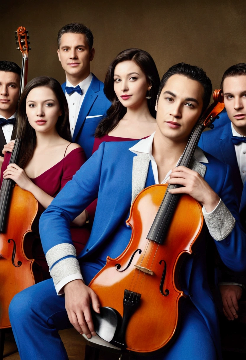 (work of art), (best qualityer), (detailded),photorealistic view of a mixed musical group of 12 members including singers and instrumentalists