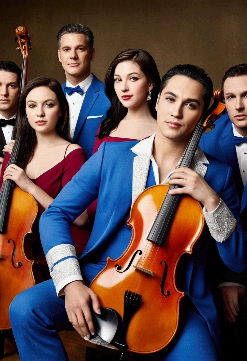 (work of art), (best qualityer), (detailded),photorealistic view of a mixed musical group of 12 members including singers and instrumentalists