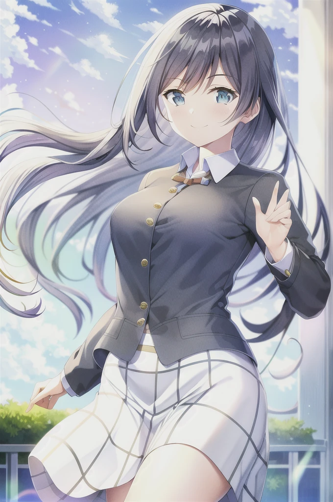 (best quality, masterpiece:1.2), 1girl, 独奏, アニメ, アニメ screencap,  ray tracing, global illumination, ultra resolution image, vivid color,  cinematic light,  lens flare,  light on face, glow eyes,  depth of field, happy, detailed background, cute,  straight-on, smile, looking at viewer, outdoors, sky, cloud, 
 Yuki Setuna, upper body, jacket, long sleeves,Outdoor、Strong winds、Panty shot