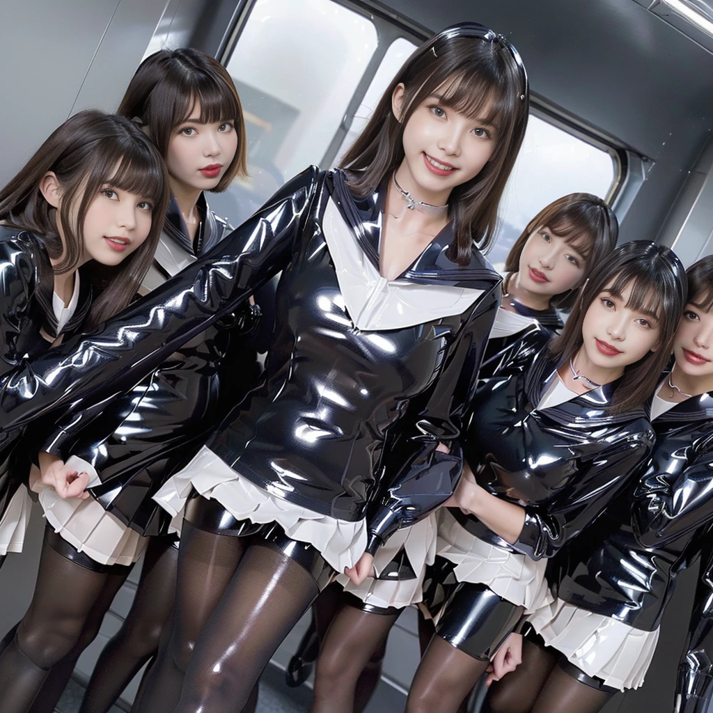 (((Ultra-clear resolution))), (((best quality))), (((super shiny latex sailor collar, tight, latex pleated miniskirt, group photo of only girls crowded train with female only, impossible breasts, angle from below, see-through pantyhose, grin))), looking at viewer