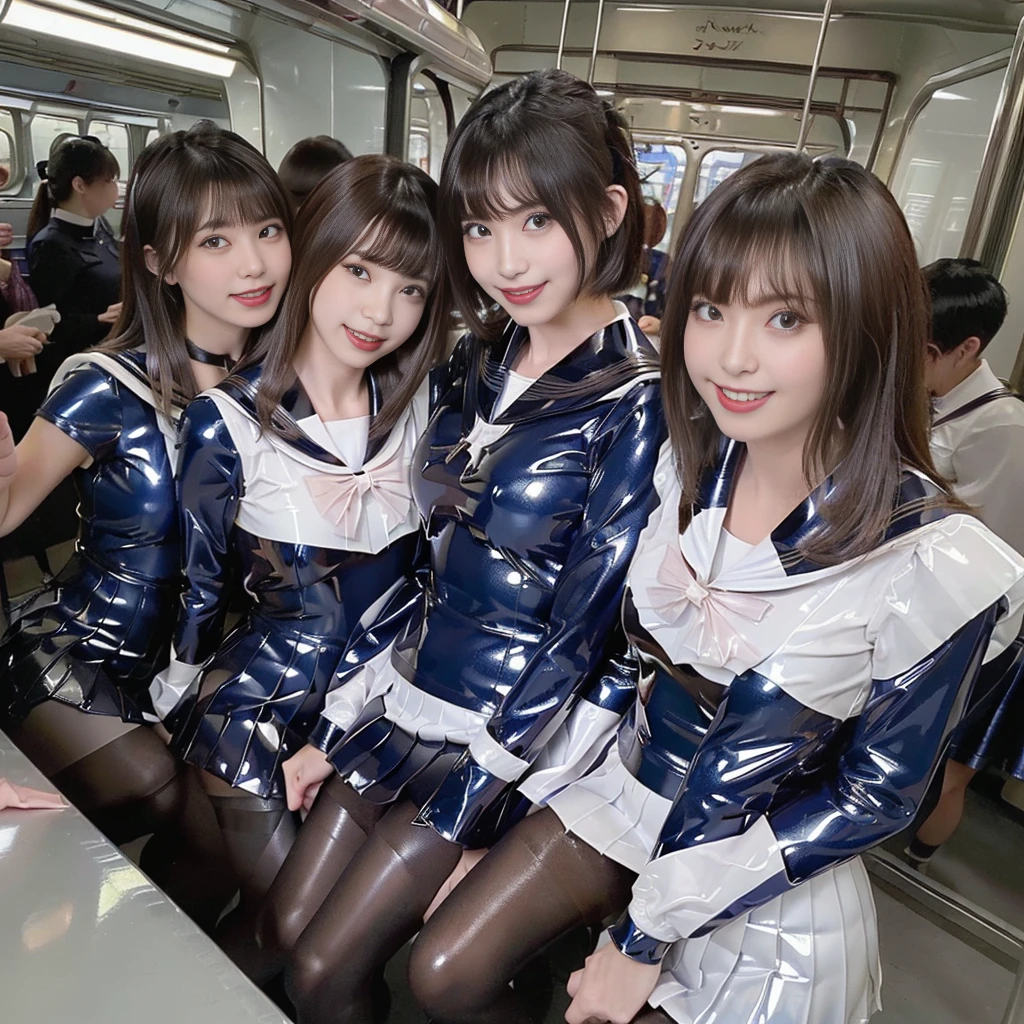(((Ultra-clear resolution))), (((best quality))), (((super shiny latex dress, tight, gold latex, sailor collar, sailor dress, micro pleated skirt, group photo, 6 girls, high neck, super large breasts, sleeveless, see-through))), 