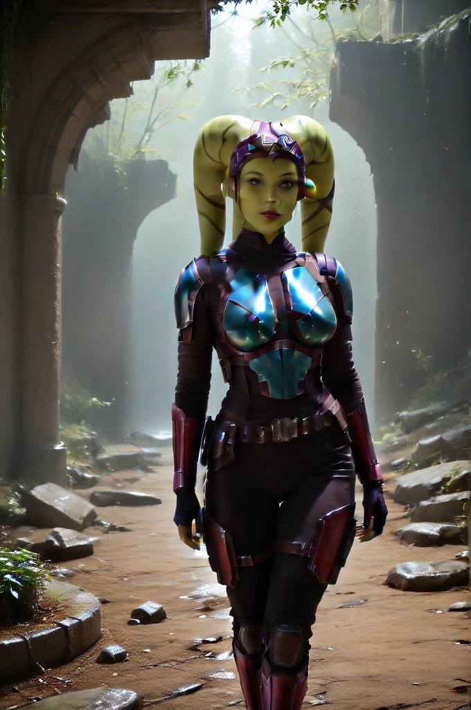 a ((fall body)) (((hera syndulla))) ((green skin )) ((female twi'lek ))mandalorian,walking on snow coverd ruins , ((green fire eyes )) , beautiful detailed eyes, beautiful detailed lips, extremely detailed face, long eyelashes, mandalorian armor, sci-fi, cinematic lighting, dramatic, epic, intricate details, hyper-realistic, 8k, high-quality, photorealistic