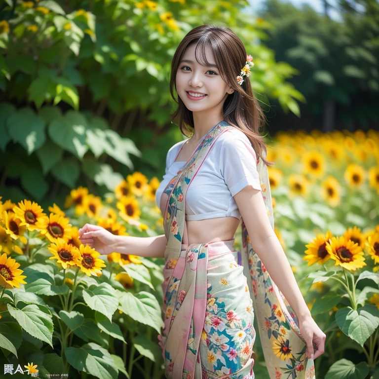 cute female idol, 28 years old, (8k, raw photo realistic:1.2), lovely idol, happy smiling, hair blowing in the wind, thin legs
BREAK
(Wearing a (Floral-sari) over a T-shirt:1.5), (standing in the middle of a vast sunflower garden:1.2), A clear day, full-body shot,
BREAK
masterpiece, (best quality:1.2), ultra highres, (photorealistic:1.4), ((extremely perfect anatomy body parts)), realism, natural light, depth of fields, Detailed Background, perfect composition, highly detailed, detailed face, extremely detailed, ultra-detailed, 8K wallpaper, extremely awesome detailed, dynamic lighting, deep shadows, photorealistic, realistic face, well-groomed face, small mouth,