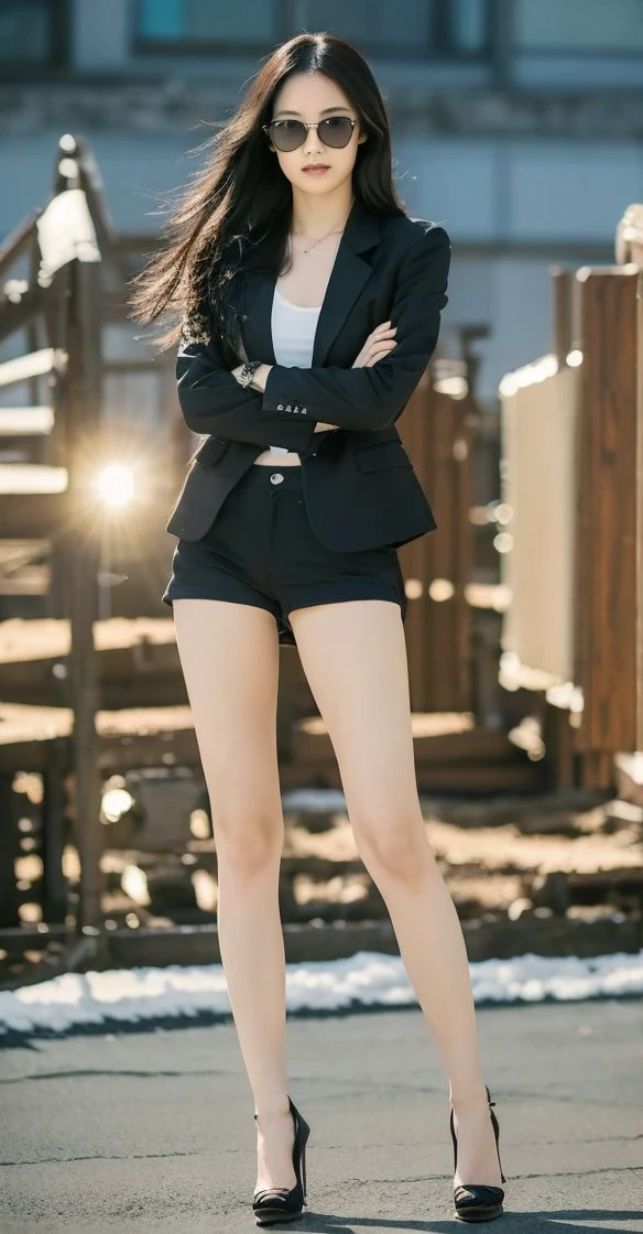 Japanese woman, long black hair, black sunglasses, 黒いスーツ, micro shorts, bare legs, beautiful legs, tall, black stiletto heels, arms crossed, heavy snow, snowstorm, strong wind, hair messed up by wind