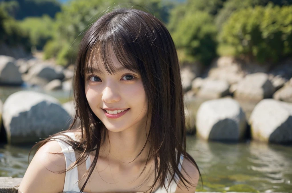 A girl wearing a white dress is bathing in the river, getting wet, having fun, no make-up, rural scenery, sunset,smile、smile、、((No makeup))、(Realistic、Photorealistic、Ultra-detailed、Best detailed skin、Highest quality、masterpiece、超A high resolution)、Cute Japanese Woman、************、High school girl、Young girl、1 girl、Has bangs、double eyelid、Drooling eyes、Big black eyes、attractive、purity、かわいいsmile、自然なsmile、Watch it here、Realistic肌タイプ、Fluffy hair、Red cheeks、The wind is blowing、illumination、The light is coming from behind、smile、smile
